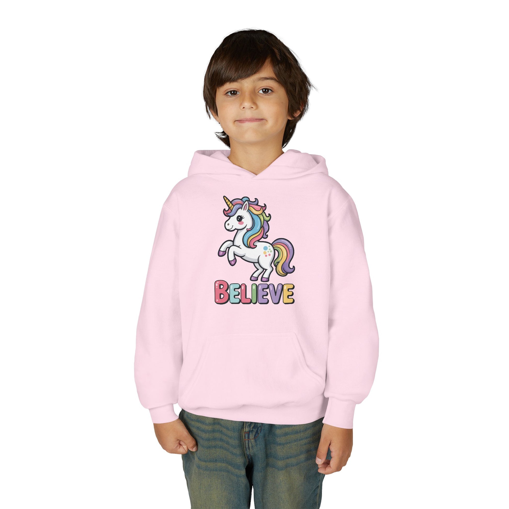 Youth Unicorn "Believe" Hoodie – Cute Rainbow Magic Kids Sweatshirt TEEZOCA
