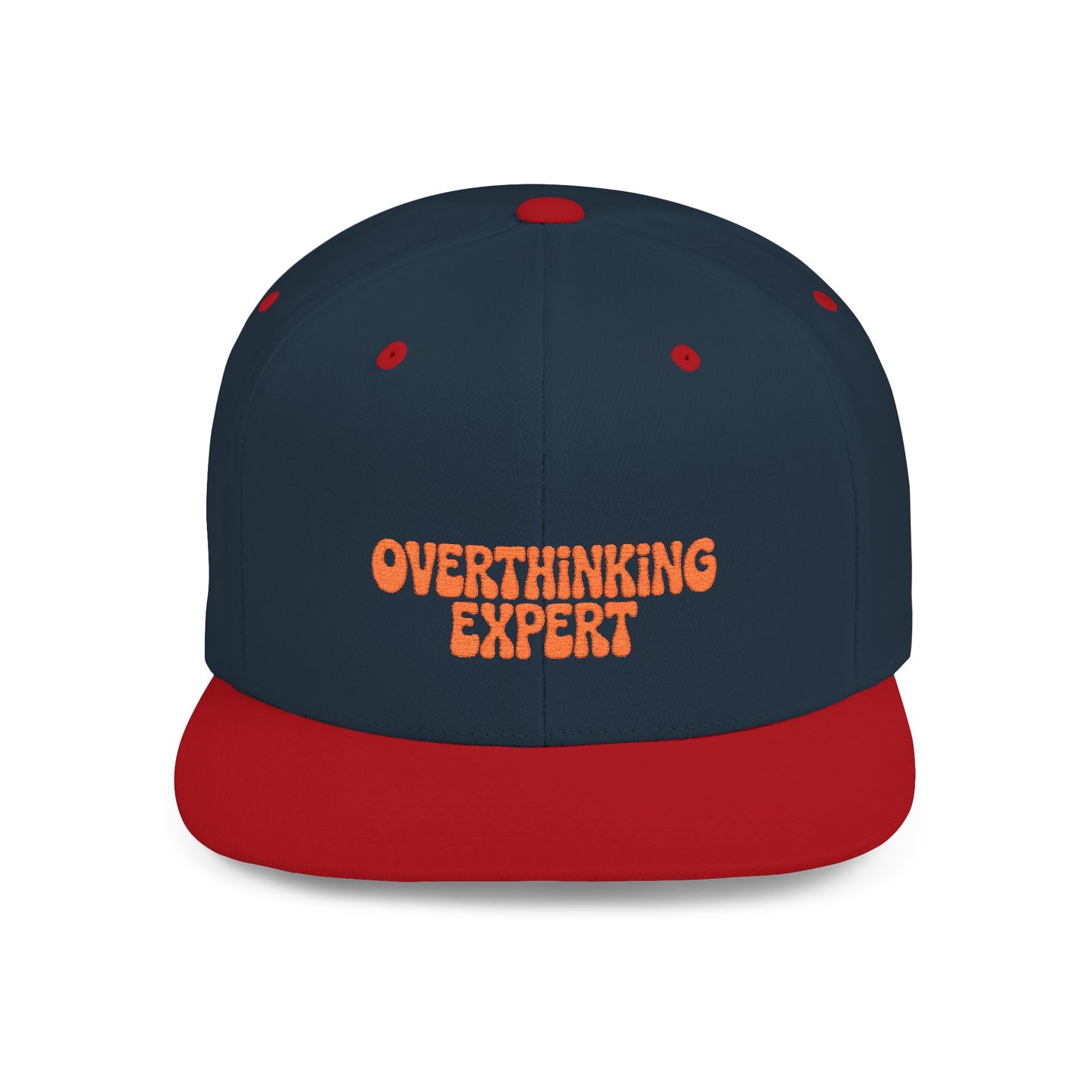 Navy and red cap with 'Overthinking Expert' text on a white background