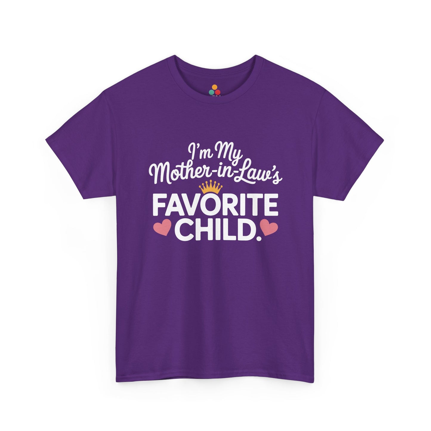 TEEZOCA purple “I’m My Mother‑in‑Law’s Favorite Child” novelty graphic t‑shirt shown flat.