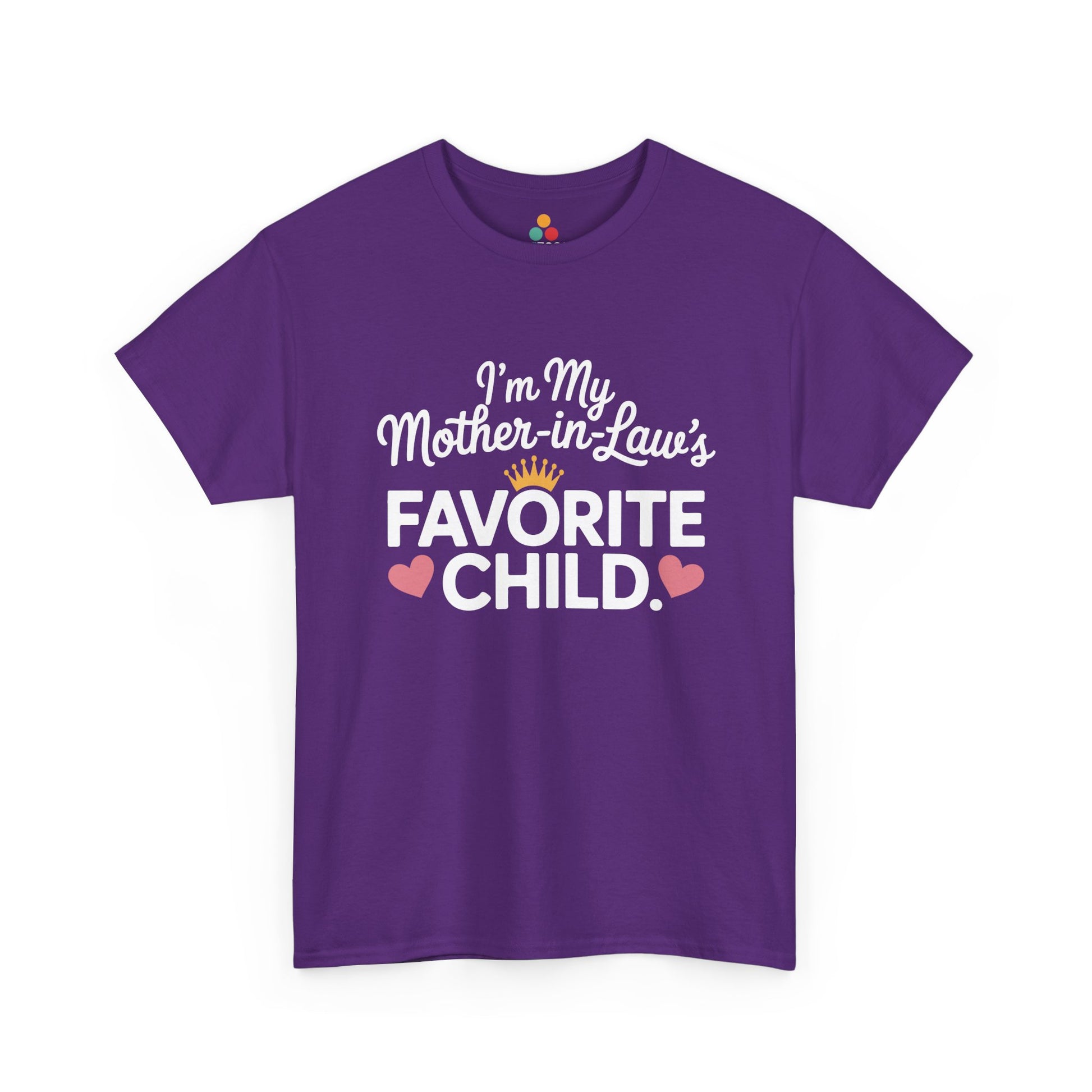 TEEZOCA purple “I’m My Mother‑in‑Law’s Favorite Child” novelty graphic t‑shirt shown flat.