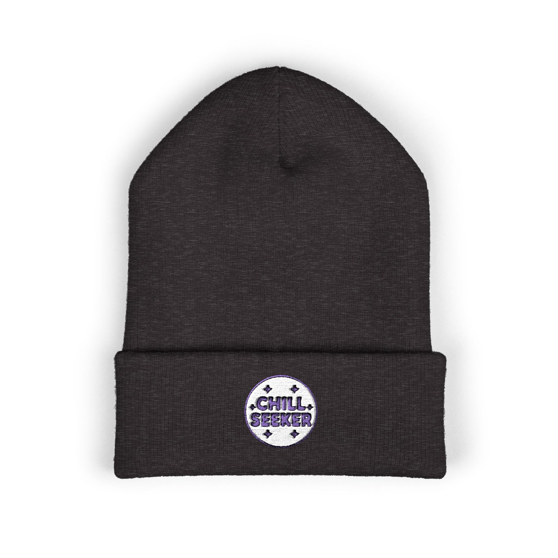 Black beanie with 'Chill Seeker' logo on a white background