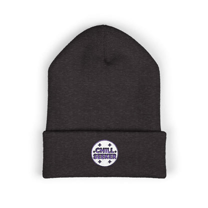Black beanie with 'Chill Seeker' logo on a white background