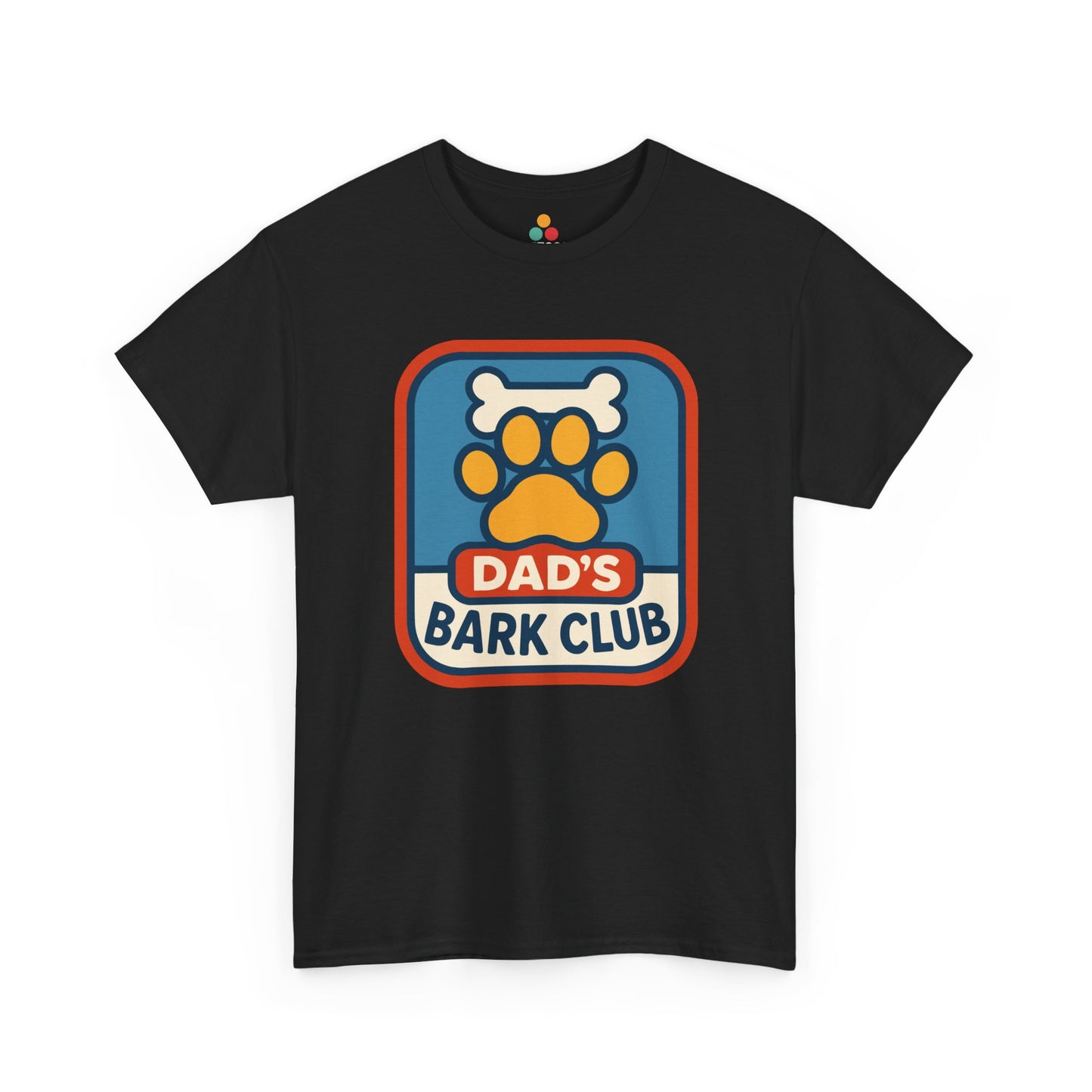 "Maroon unisex 'Dad's Bark Club' tee with cheerful dog paw print graphic, flat display."

