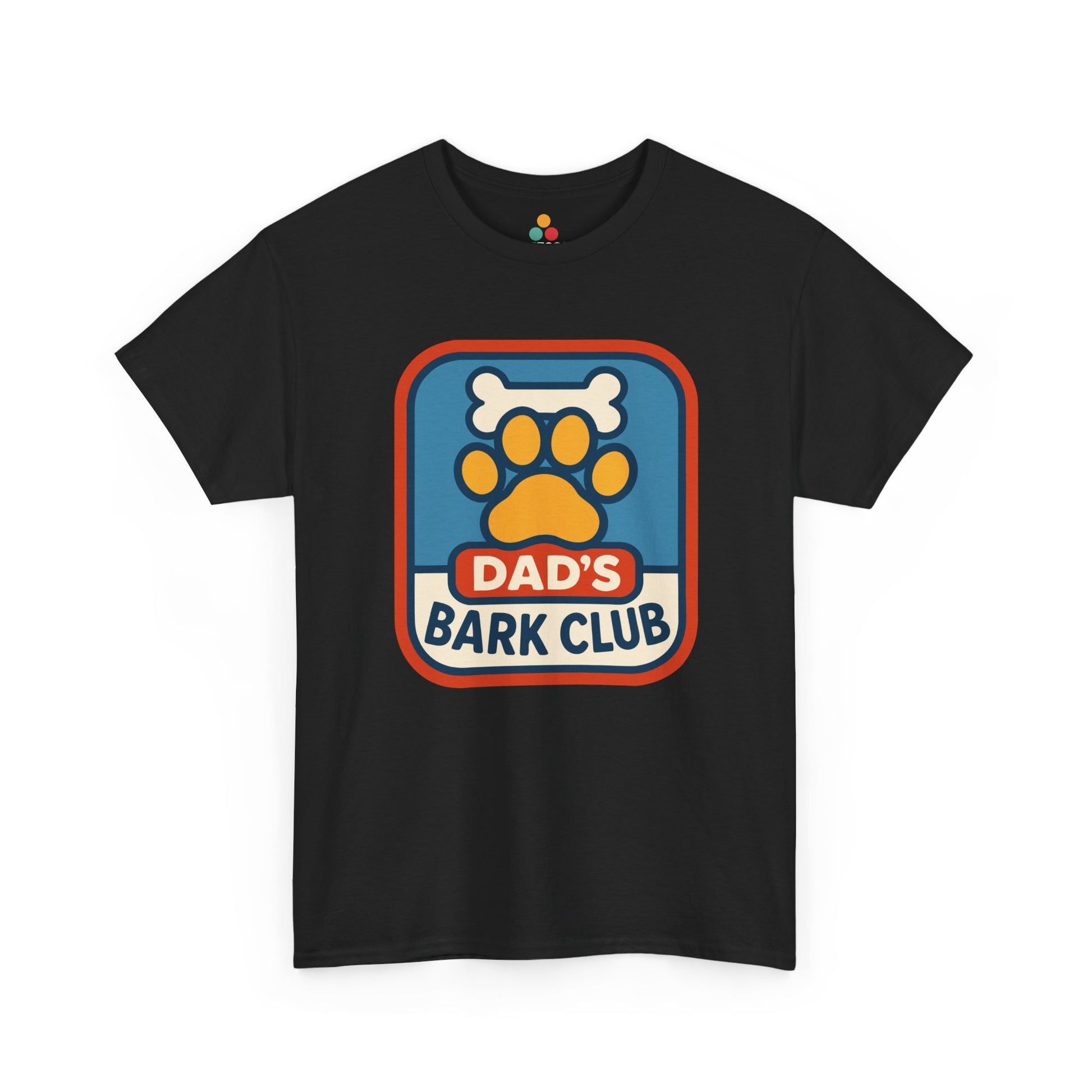 "Maroon unisex 'Dad's Bark Club' tee with cheerful dog paw print graphic, flat display."

