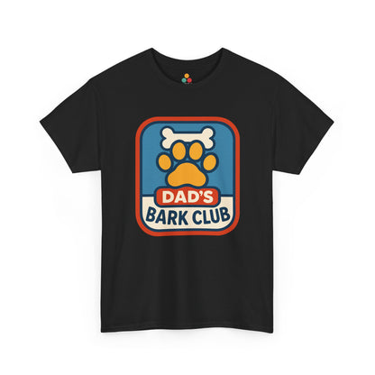 "Maroon unisex 'Dad's Bark Club' tee with cheerful dog paw print graphic, flat display."


