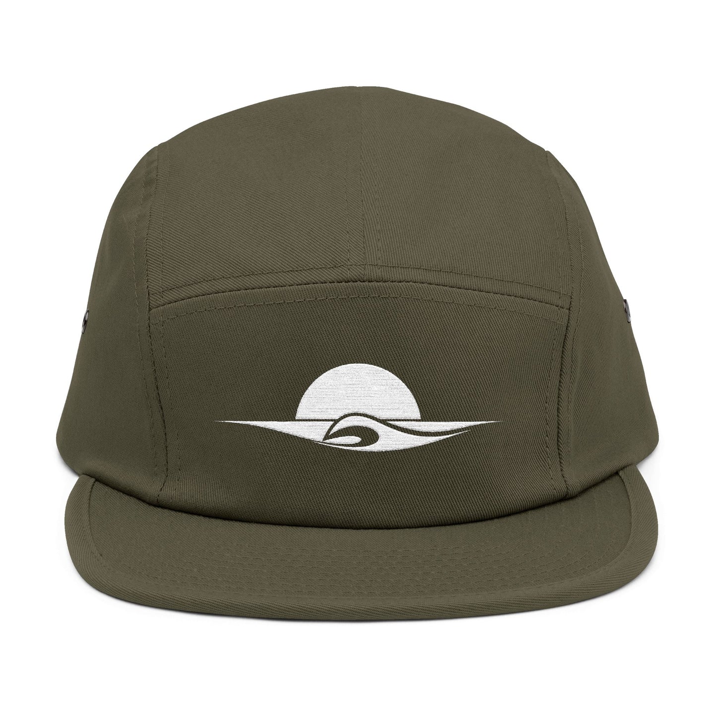 Green cap with a white logo on a white background. Minimal sunset and wave outline embroidered on a 5-panel cap by TEEZOCA