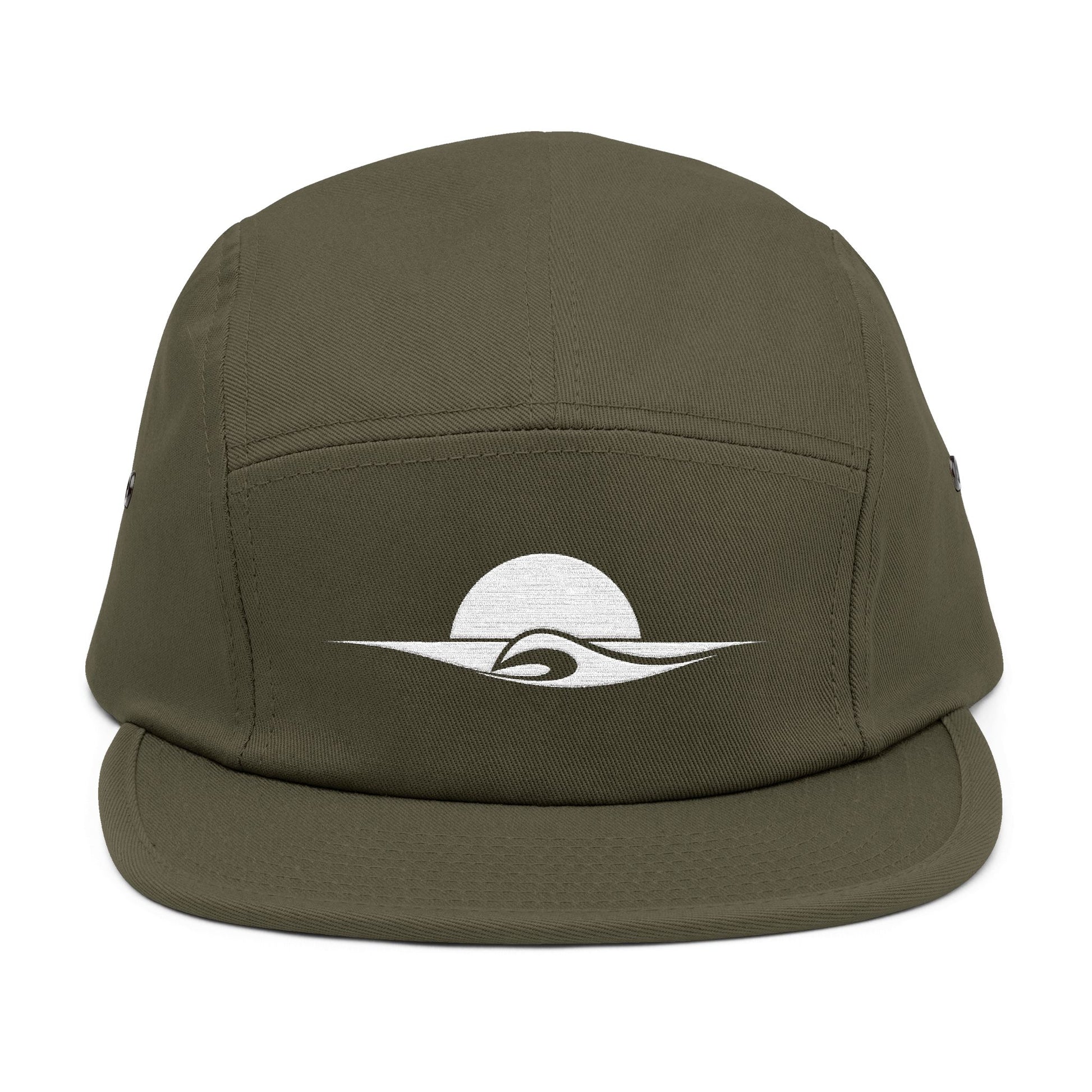 Green cap with a white logo on a white background. Minimal sunset and wave outline embroidered on a 5-panel cap by TEEZOCA