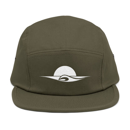 Green cap with a white logo on a white background. Minimal sunset and wave outline embroidered on a 5-panel cap by TEEZOCA