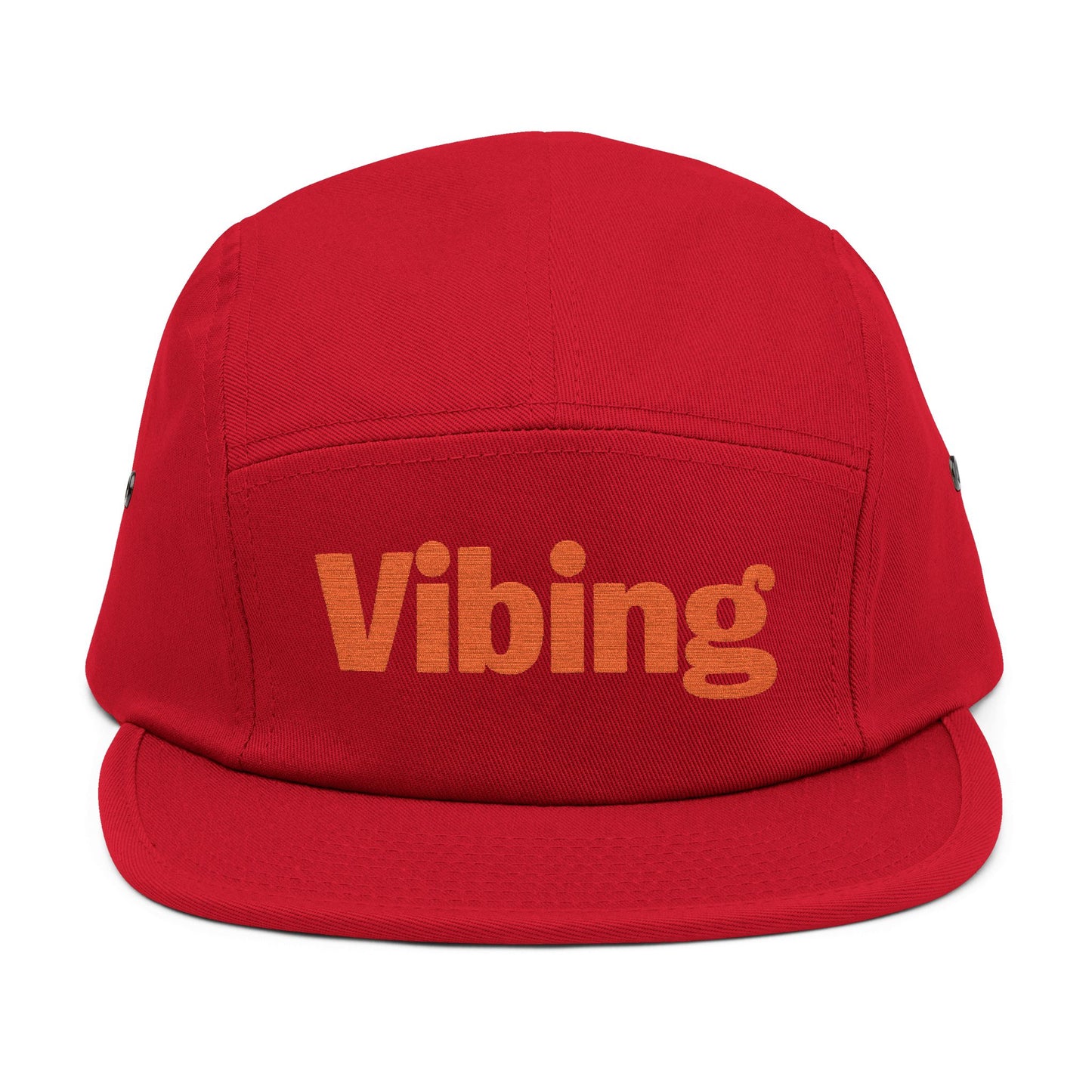 Red cap with 'Vibing' text on a white background. Modern Vibing embroidery design for lifestyle fashion. TEEZOCA