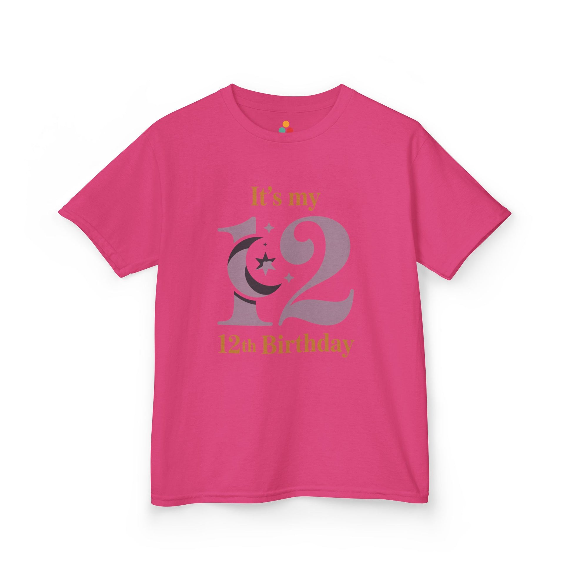 Bright pink kids’ t‑shirt with mauve “12” moon and stars graphic and gold “It’s my 12th Birthday” text, flat front view.