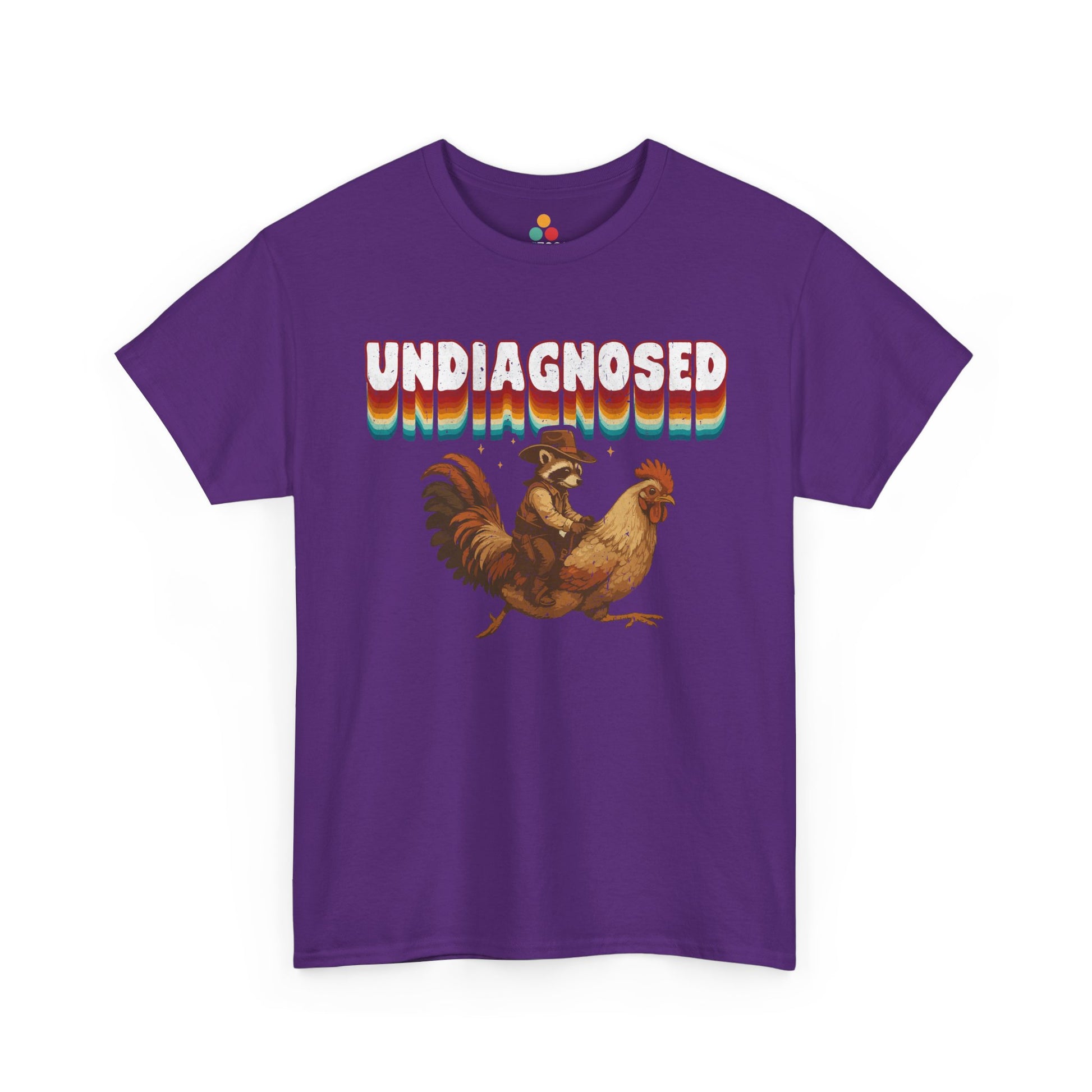 Purple t-shirt with 'undiagnosed' graphic and cartoon rooster on a white background