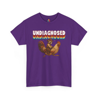 Purple t-shirt with 'undiagnosed' graphic and cartoon rooster on a white background