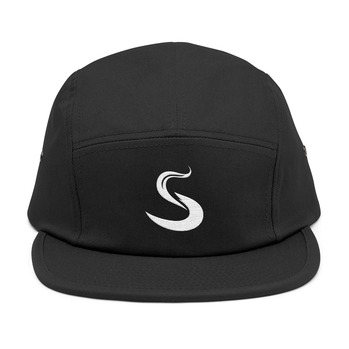 Black cap with a white logo on a white background. Minimalist S-shaped steam swirl embroidery design in bold white stitched on a 5-panel cap by TEEZOCA