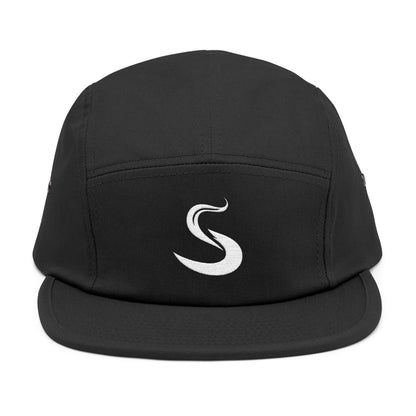Black cap with a white logo on a white background. Minimalist S-shaped steam swirl embroidery design in bold white stitched on a 5-panel cap by TEEZOCA
