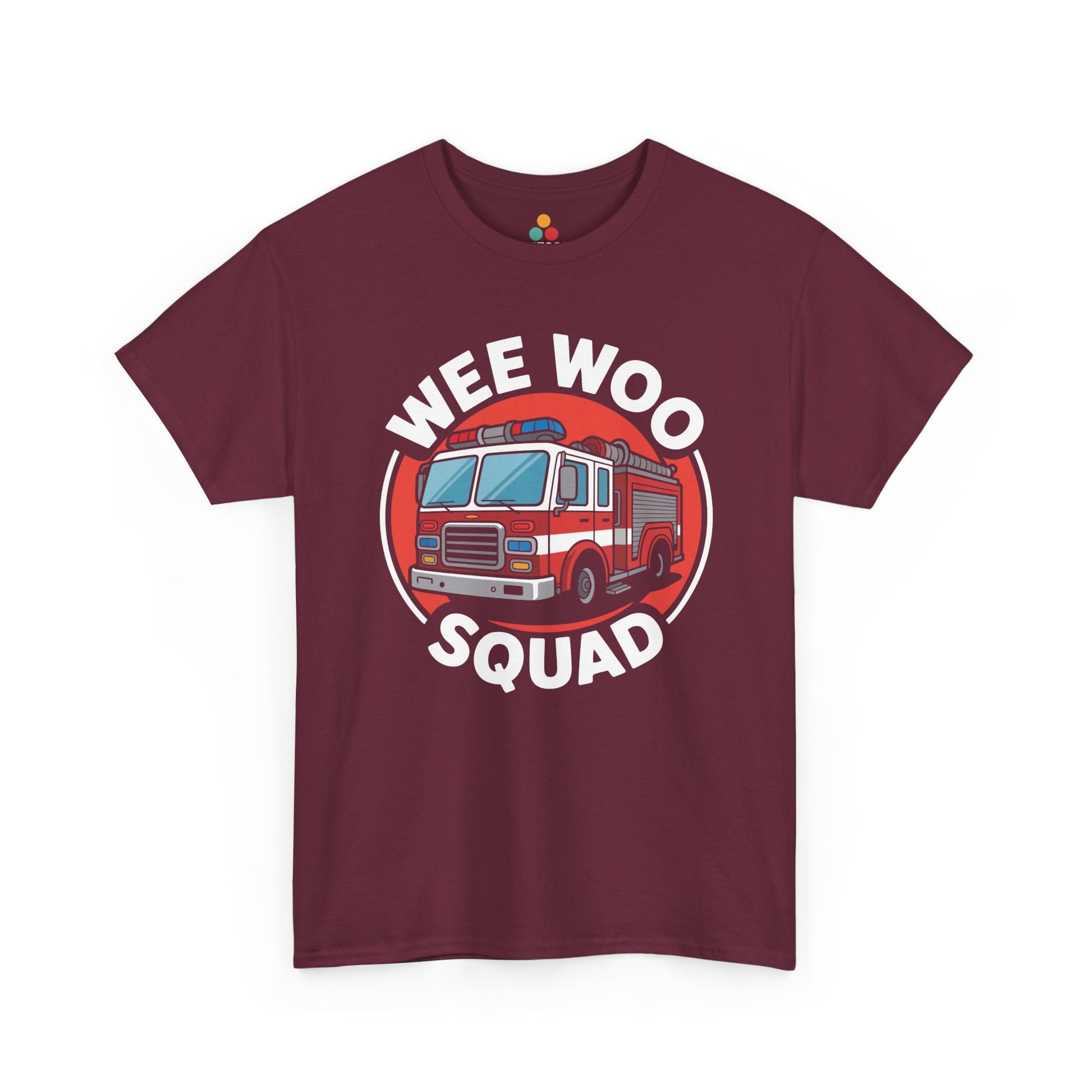 “Teezoca Wee Woo Squad shirt, bright red cartoon fire truck and white text, maroon tee, flat front display.”

