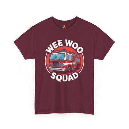 “Teezoca Wee Woo Squad shirt, bright red cartoon fire truck and white text, maroon tee, flat front display.”

