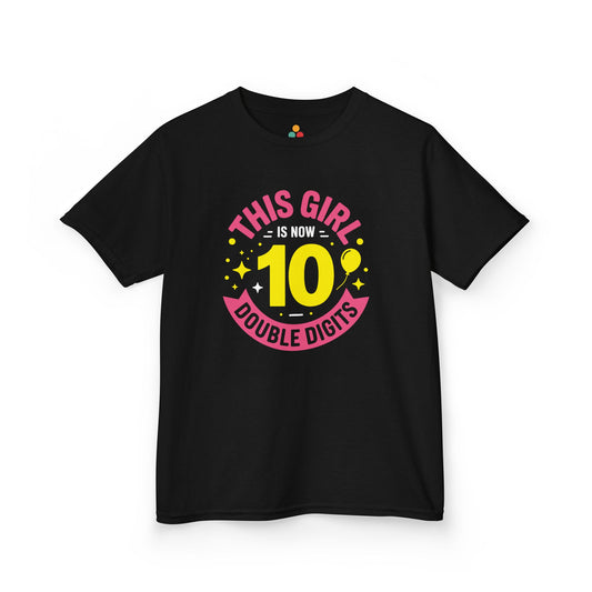 "Black 'This Girl is Now 10 Double Digits' t‑shirt with bold yellow number 10, pink and purple text, colorful stars, girls 10th birthday design, flat front view."

