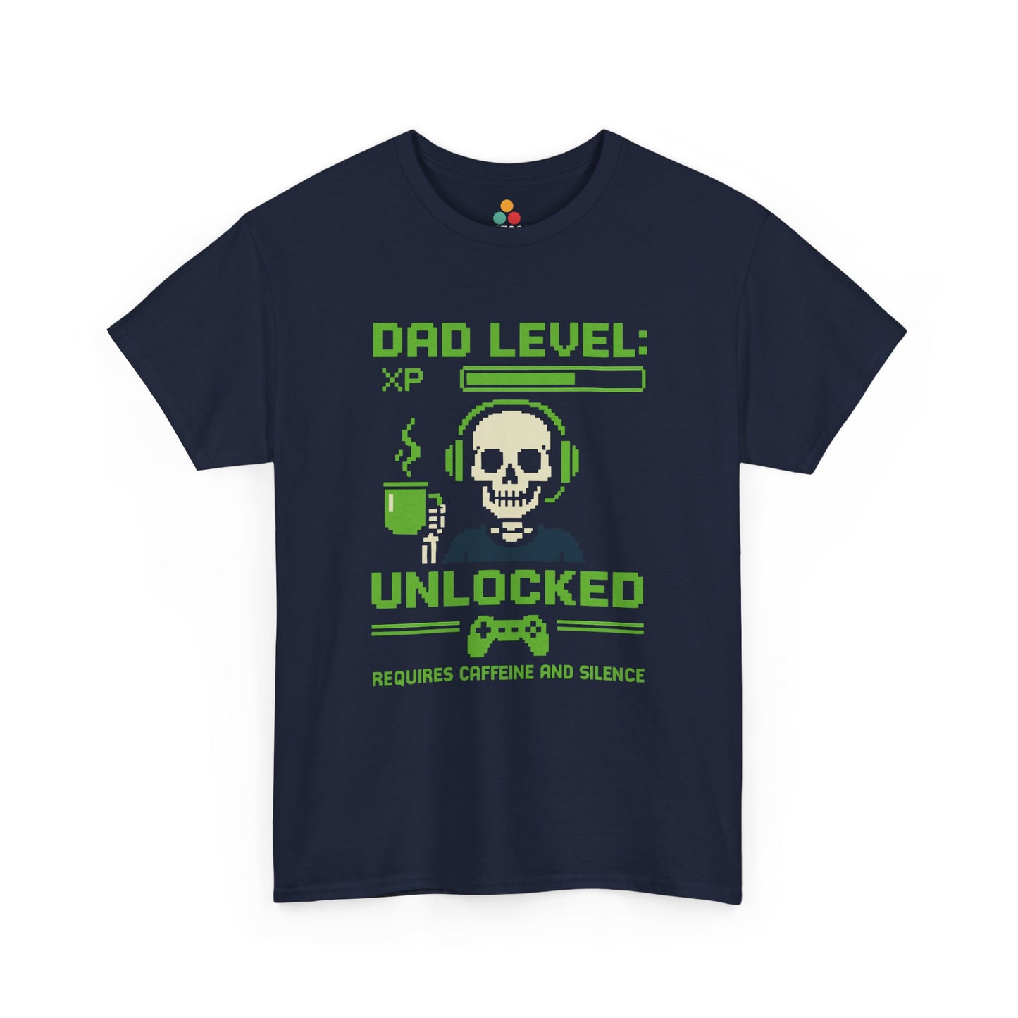 “Navy blue gamer dad shirt showing XP bar, skull with headset, and ‘Requires Caffeine and Silence’ text, flat display.”

