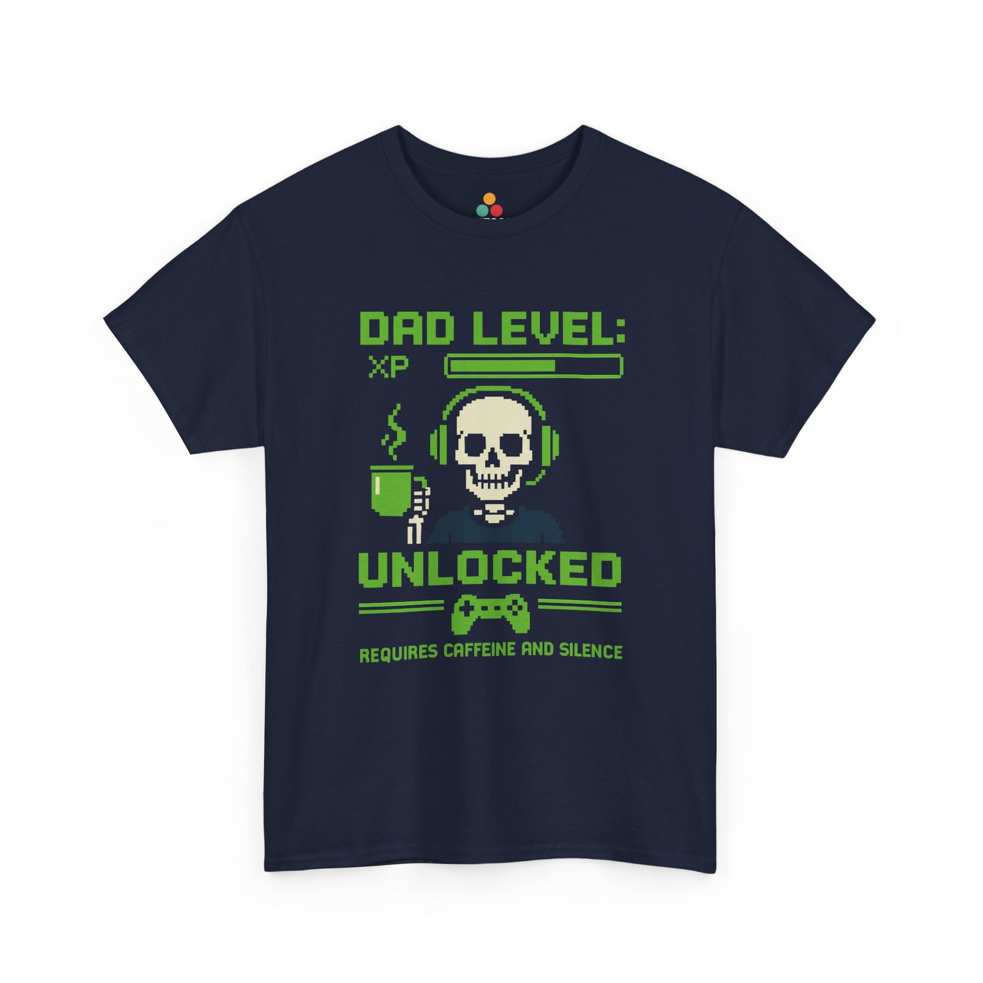 “Navy blue gamer dad shirt showing XP bar, skull with headset, and ‘Requires Caffeine and Silence’ text, flat display.”

