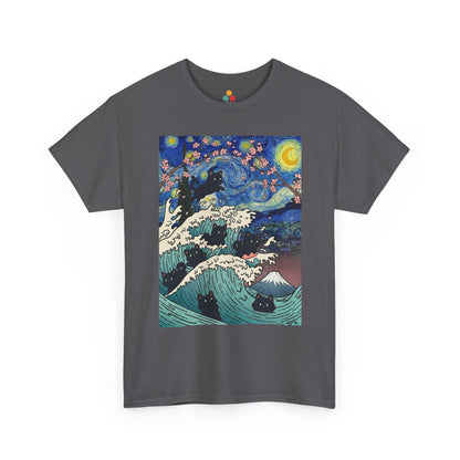 Van Gogh Starry Night Black Cat Wave T-Shirt – Aesthetic Impressionism Inspired Fine Art Tee | TEEZOCA 