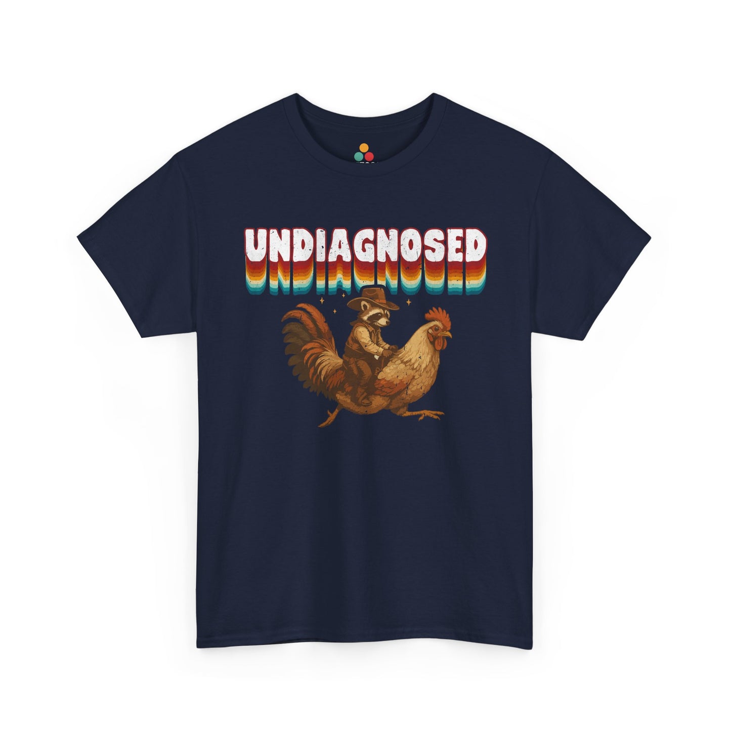 Navy blue t-shirt with a graphic of a rooster and text 'UNDiAGNOSED' on a white background