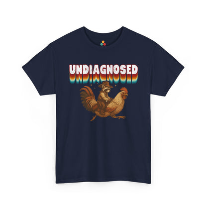 Navy blue t-shirt with a graphic of a rooster and text 'UNDiAGNOSED' on a white background