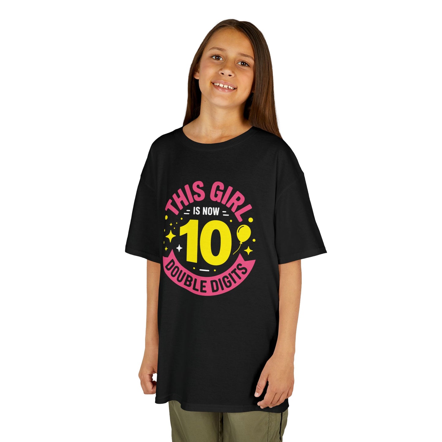 "Girl wearing black 'This Girl is Now 10 Double Digits' 10th birthday shirt with bright yellow 10 and stars, front view."
