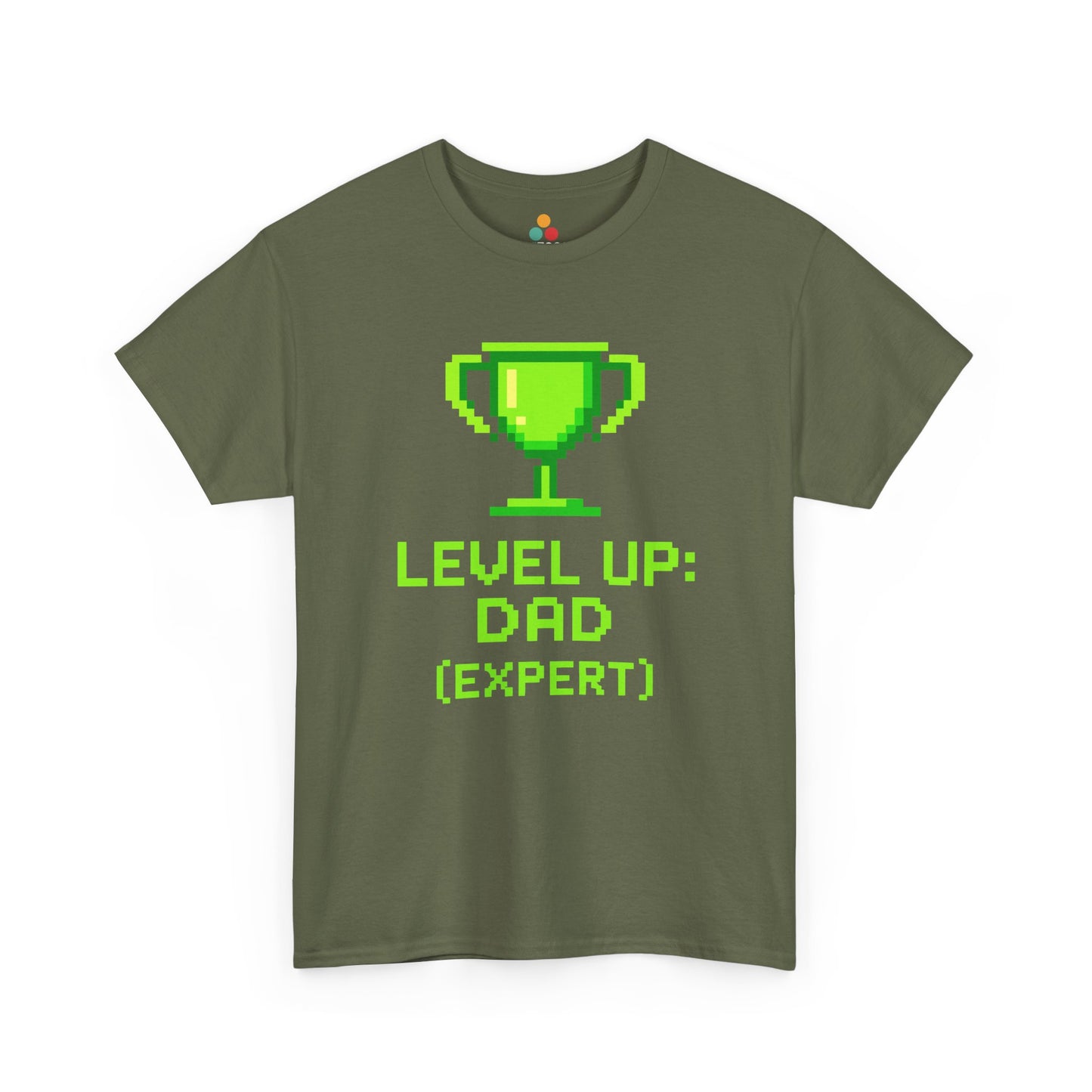 “Green gamer dad shirts featuring green pixel trophy and ‘Level Up: Dad (Expert)’ text, flat front view.”

