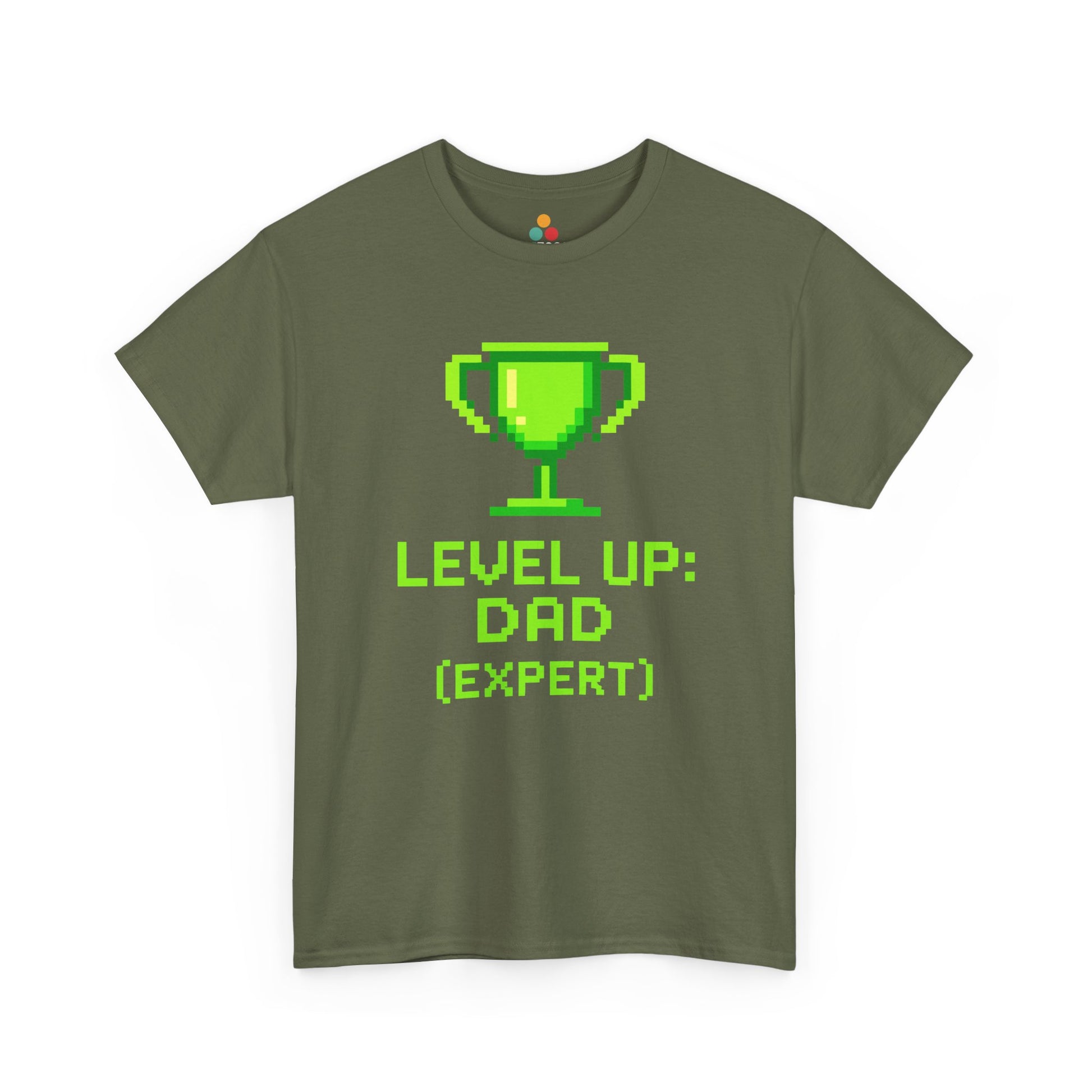 “Green gamer dad shirts featuring green pixel trophy and ‘Level Up: Dad (Expert)’ text, flat front view.”

