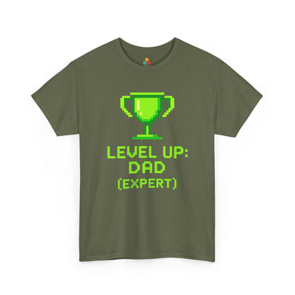 “Green gamer dad shirts featuring green pixel trophy and ‘Level Up: Dad (Expert)’ text, flat front view.”

