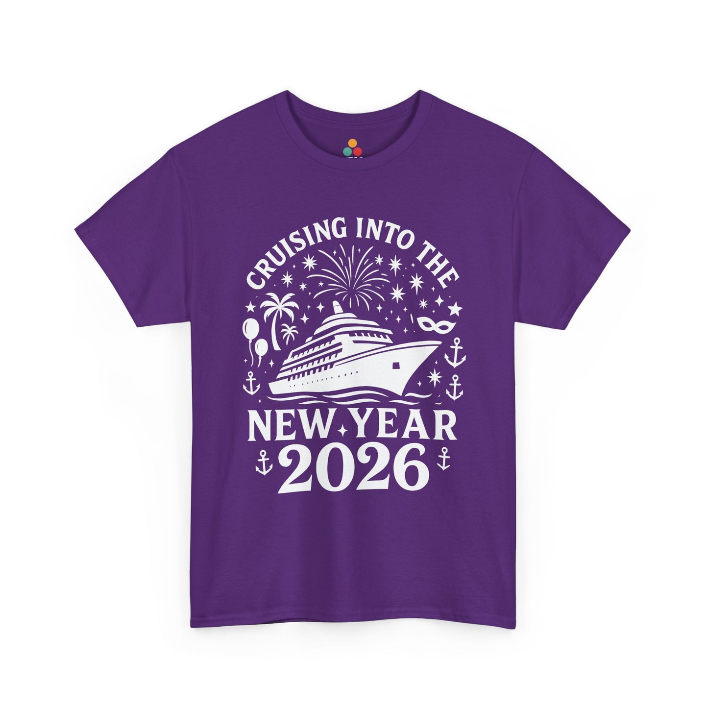 Purple t-shirt with New Year's design featuring a cruise ship and text on a white background