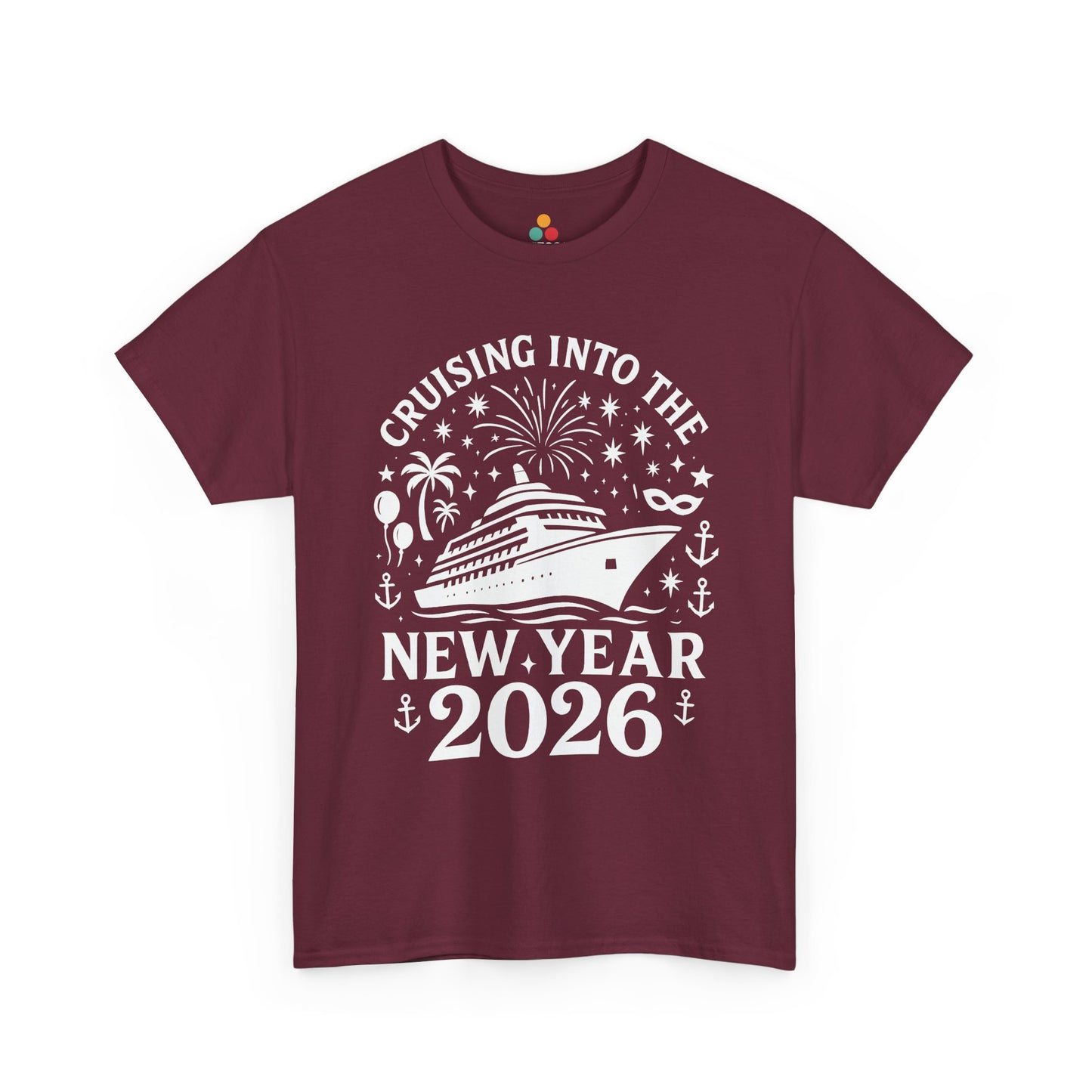 Maroon t-shirt with New Year's design featuring a cruise ship and text on a white background