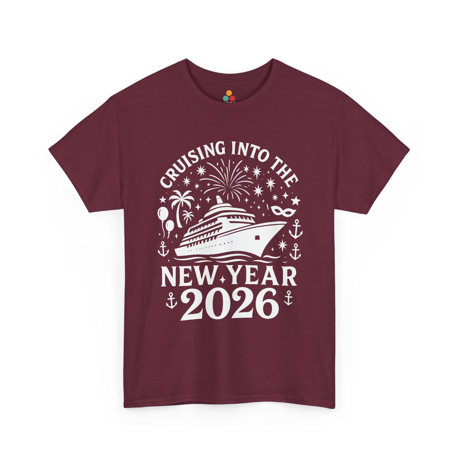 Maroon t-shirt with New Year's design featuring a cruise ship and text on a white background