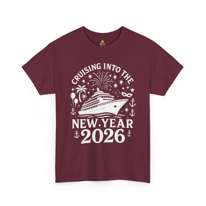 Maroon t-shirt with New Year's design featuring a cruise ship and text on a white background