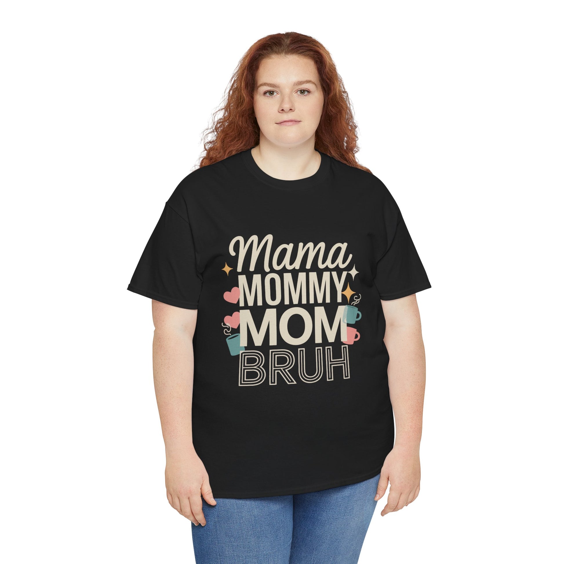 Woman wearing a black TEEZOCA "Mama Mommy Mom Bruh" mom life tee with jeans and casual style.