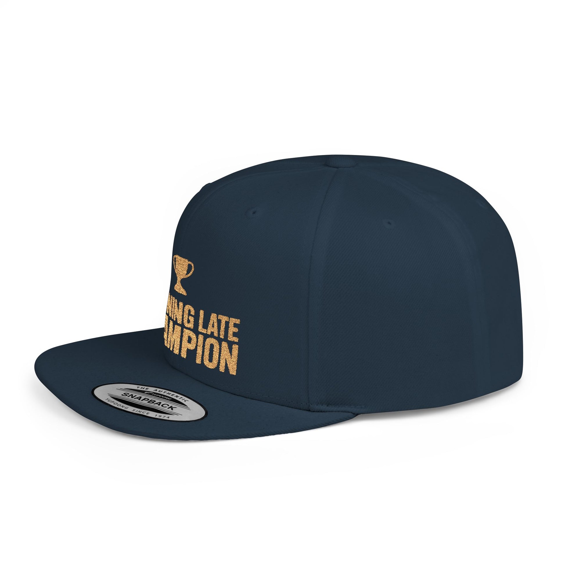 Navy blue cap with gold text and logo on a white background