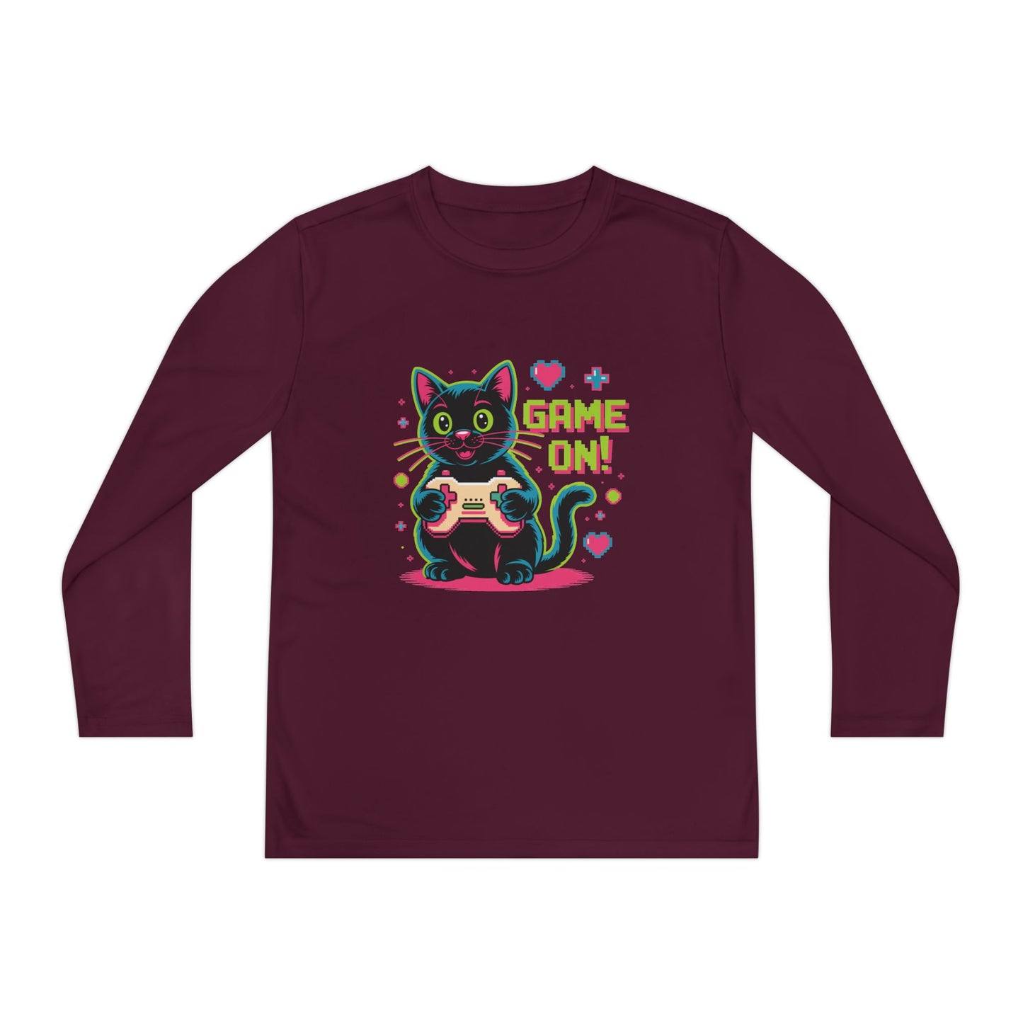 Youth Long Sleeve Tee — "Game On!" Gamer Cat Graphic TEEZOCA
