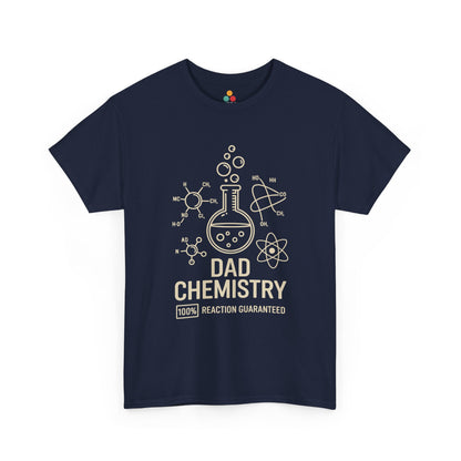 TEEZOCA navy “Dad Chemistry 100% Reaction Guaranteed” chemistry dad T‑shirt shown flat.