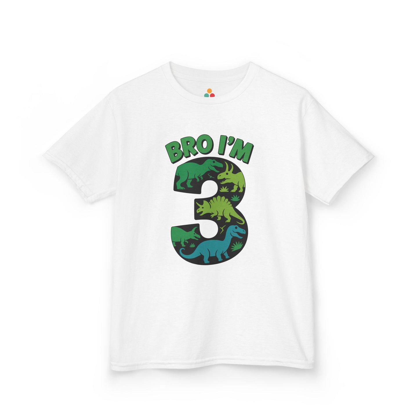 "White kids t‑shirt with large green, blue, and orange dinosaur-filled number 3 and the text 'BRO I'M 3,' flat front view."

