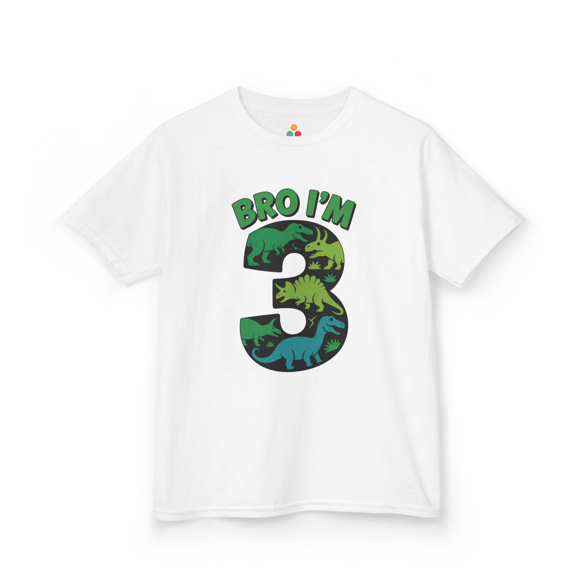 "White kids t‑shirt with large green, blue, and orange dinosaur-filled number 3 and the text 'BRO I'M 3,' flat front view."


