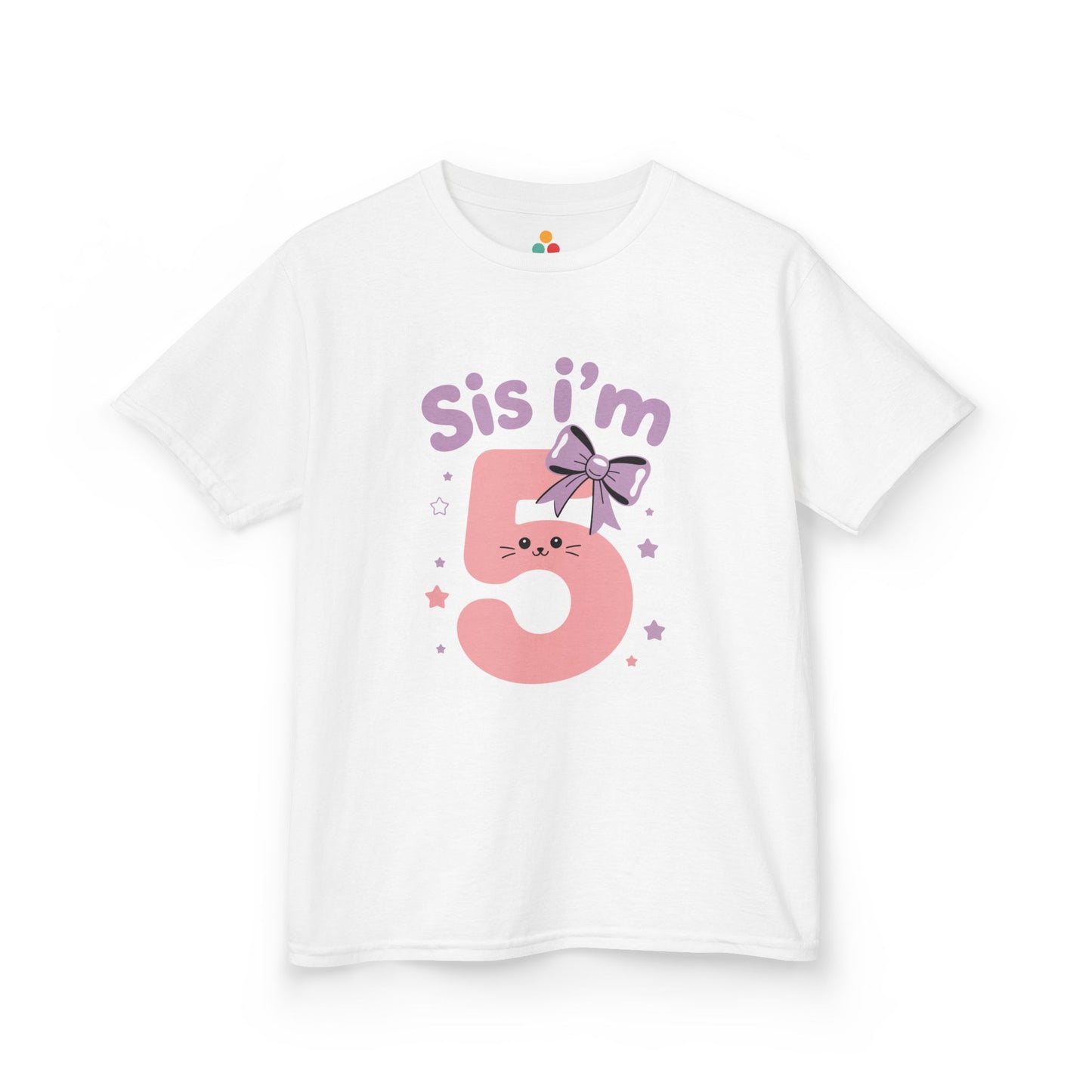 White kids’ t‑shirt with pink “Sis I’m 5” kitty face, lilac bow, and pastel stars, flat front view.