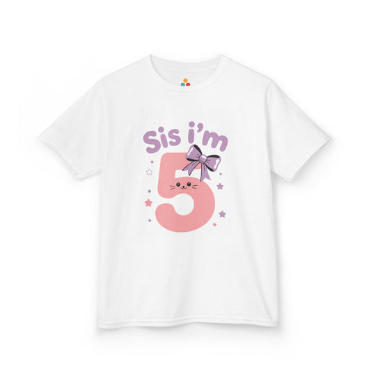 White kids’ t‑shirt with pink “Sis I’m 5” kitty face, lilac bow, and pastel stars, flat front view.