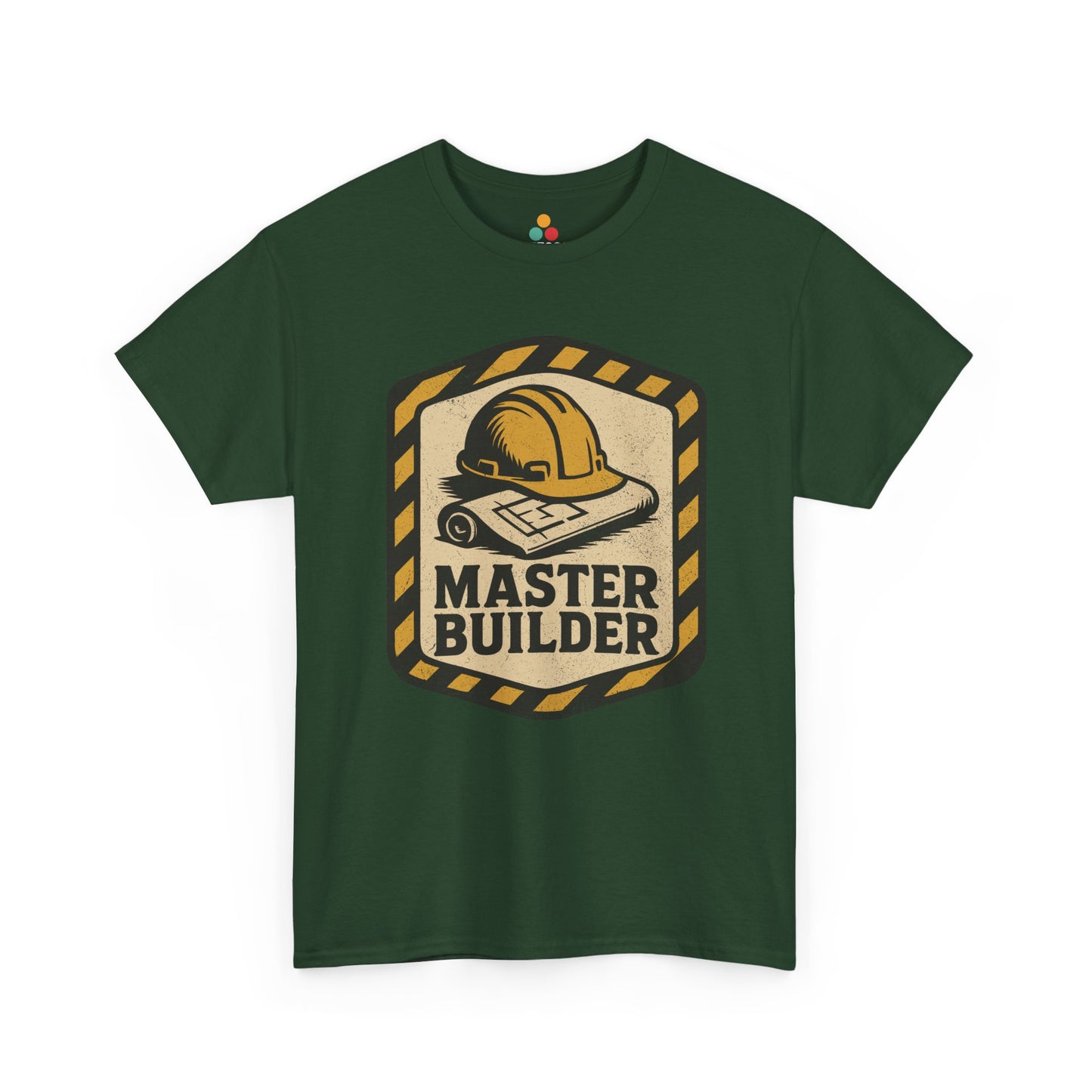 “ forest green ‘Master Builder’ shirts with vintage construction badge graphic, flat front view.”


