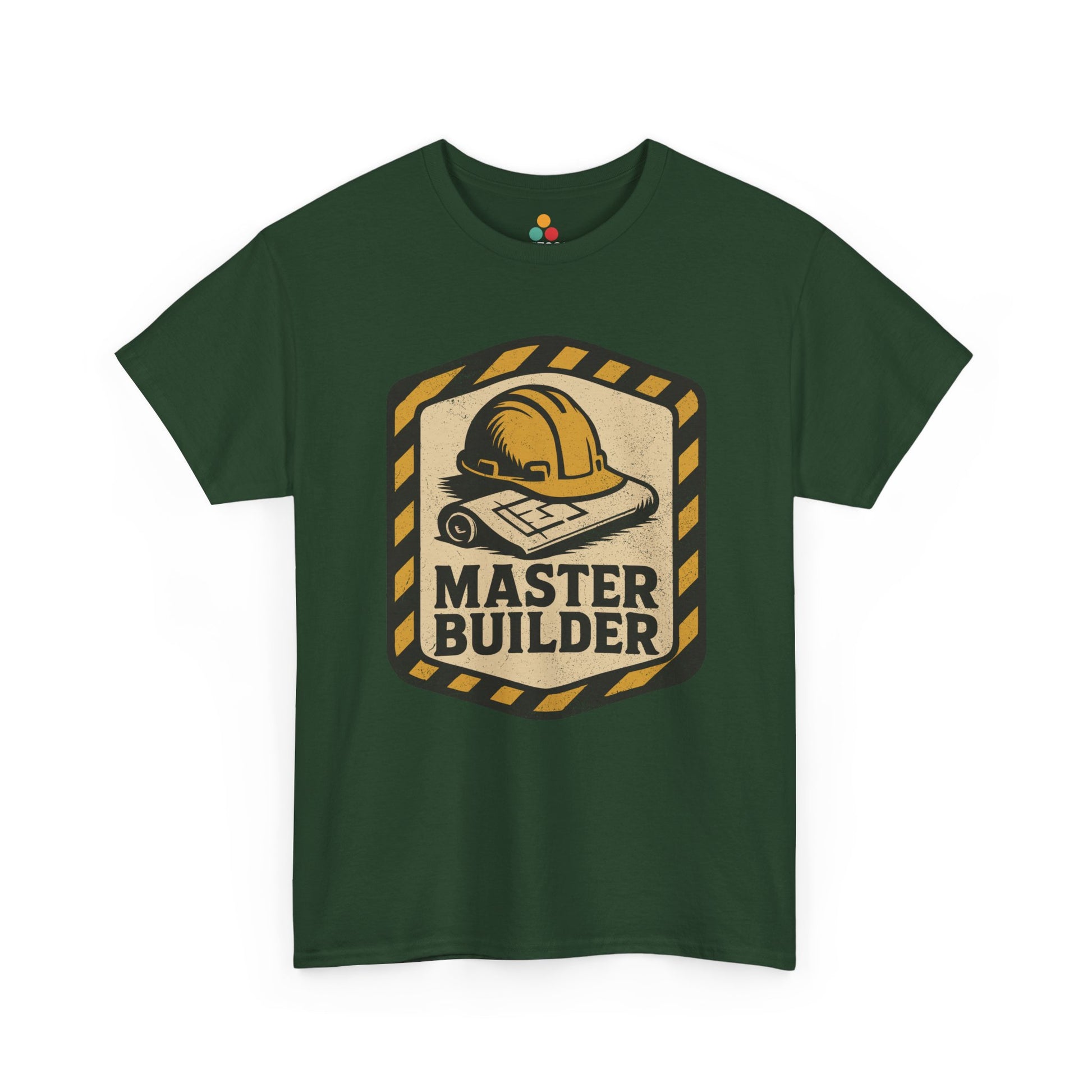 “ forest green ‘Master Builder’ shirts with vintage construction badge graphic, flat front view.”

