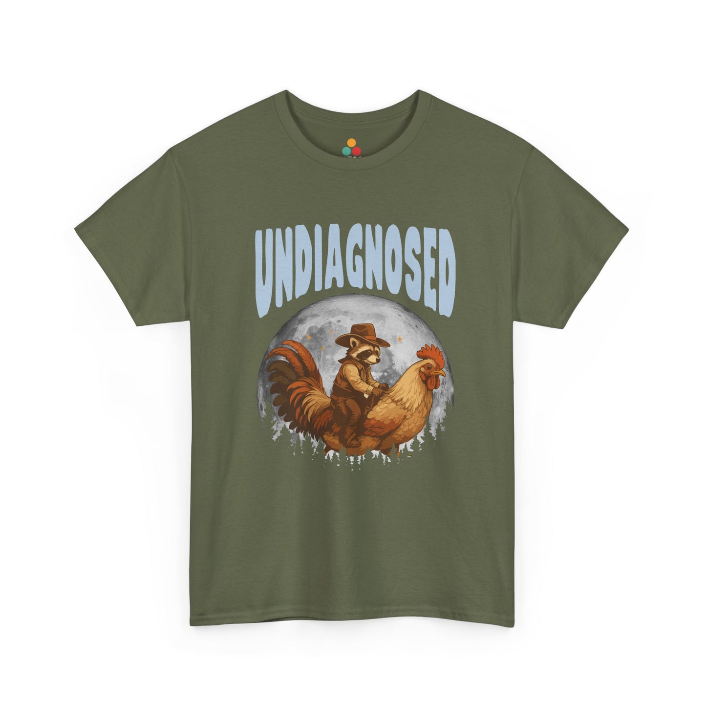 "Olive green t‑shirt with 'Undiagnosed' western lettering and cowboy raccoon graphic illustration, flat view."
