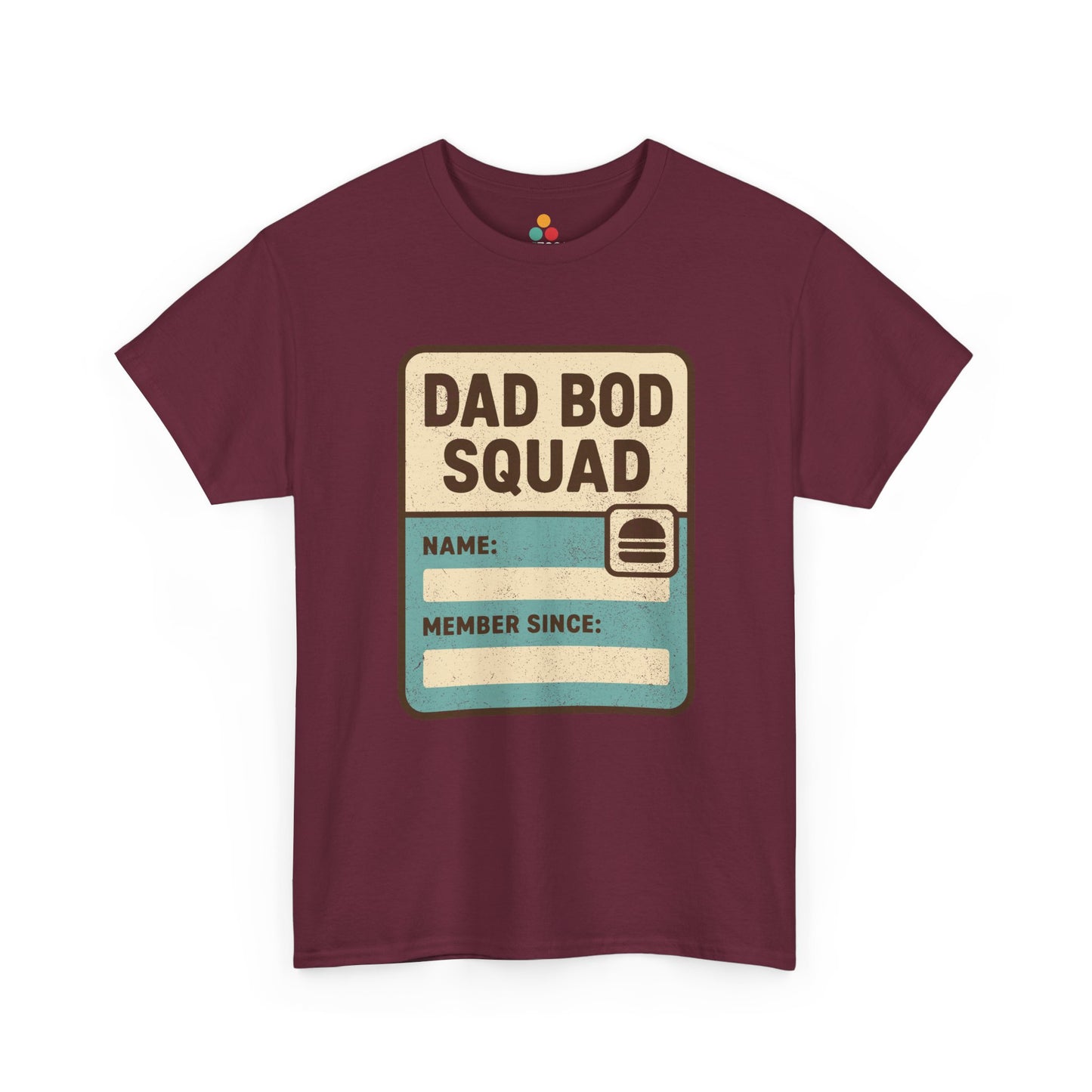 Maroon t‑shirt with vintage “Dad Bod Squad” membership card graphic, flat front view.​
