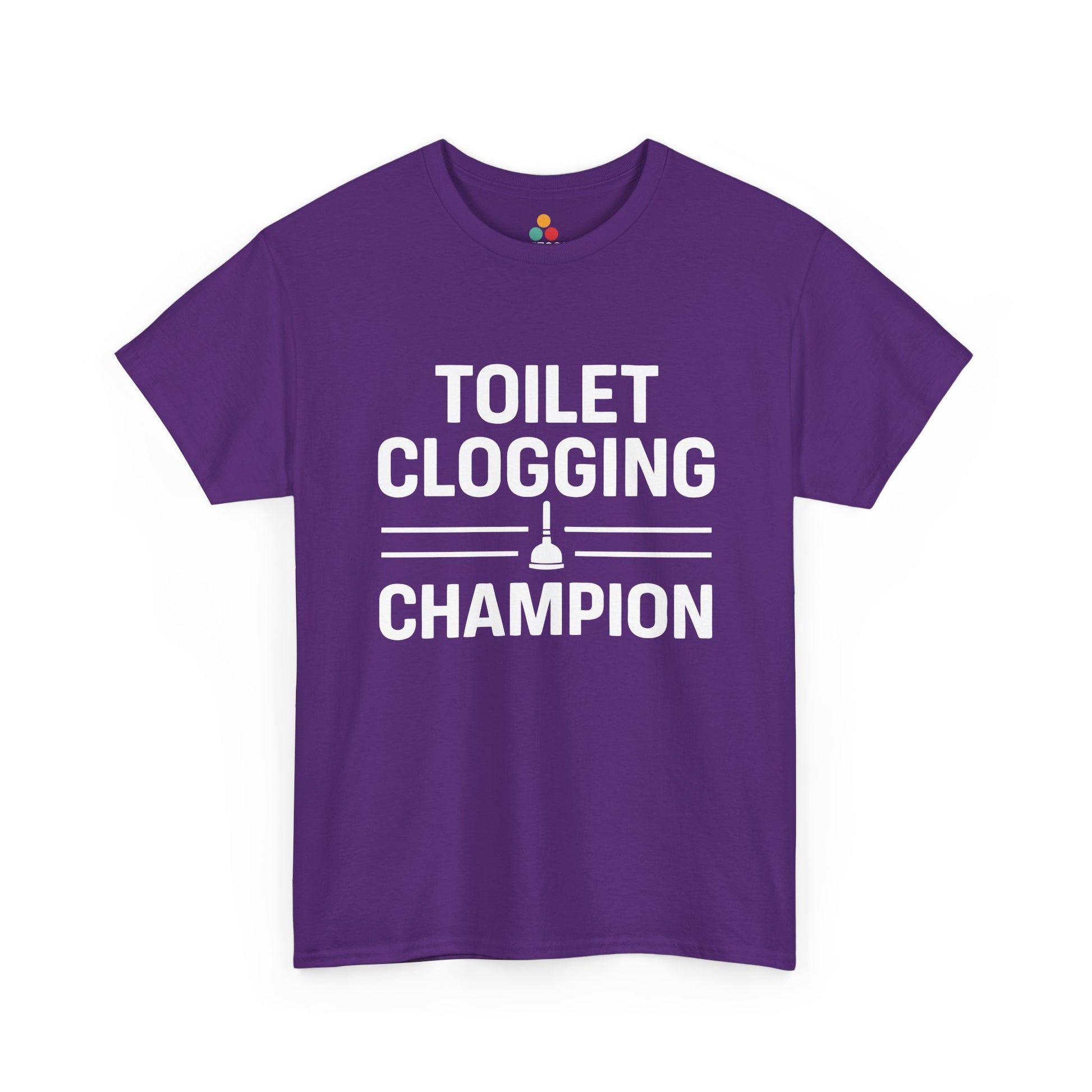 Purple unisex t‑shirt with bold white “Toilet Clogging Champion” text and plunger icon, flat front view.