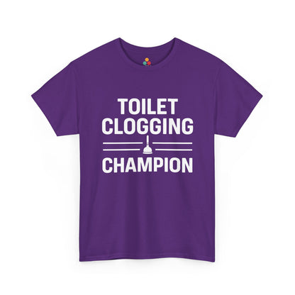 Purple unisex t‑shirt with bold white “Toilet Clogging Champion” text and plunger icon, flat front view.