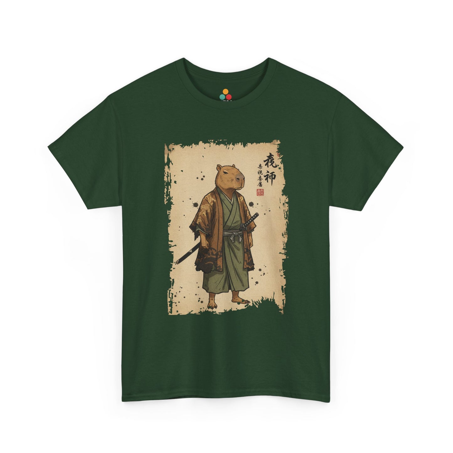 Samurai Capybara graphic On Forest tee shirt featuring a calm capybara in traditional Japanese samurai clothing.​

