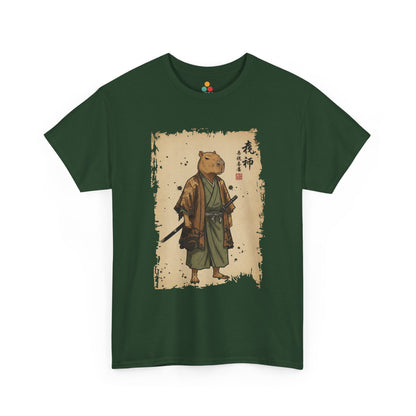 Samurai Capybara graphic On Forest tee shirt featuring a calm capybara in traditional Japanese samurai clothing.​

